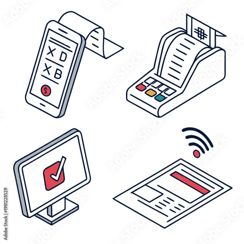 An isometric illustration depicts various point of sale systems including a mobile reader terminal computer and digital payment pad high quality professional