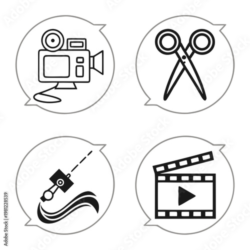 A collection of four black and white icons depicting filmmaking and editing tools within speech bubble frames high quality professional detailed modern