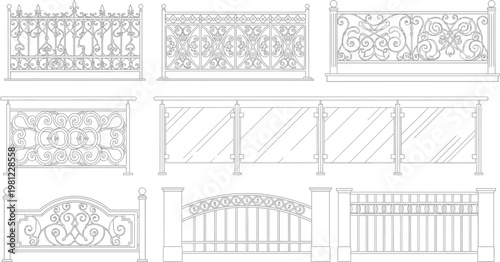 Various ornamental metal fence and railing designs with intricate patterns  decorative elements for architecture and landscaping