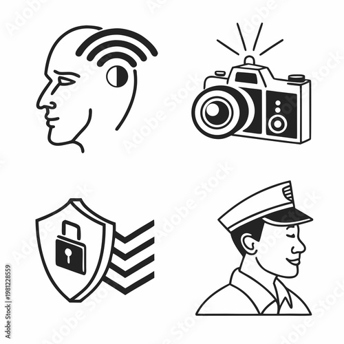 A black and white graphic depicts a head with signals a camera a shield and a police officer s cap illustrating surveillance