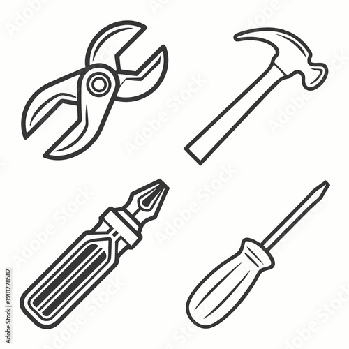A monochrome illustration depicts four distinct hand tools pliers a claw hammer a screwdriver and a pointed awl arranged in a square