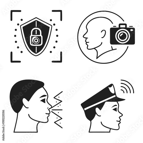A black and white graphic depicts security surveillance and biometric identification concepts with icons of a shield face and hat high quality