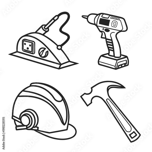 A black and white line drawing depicts common household and construction tools including a drill iron helmet and hammer high quality professional