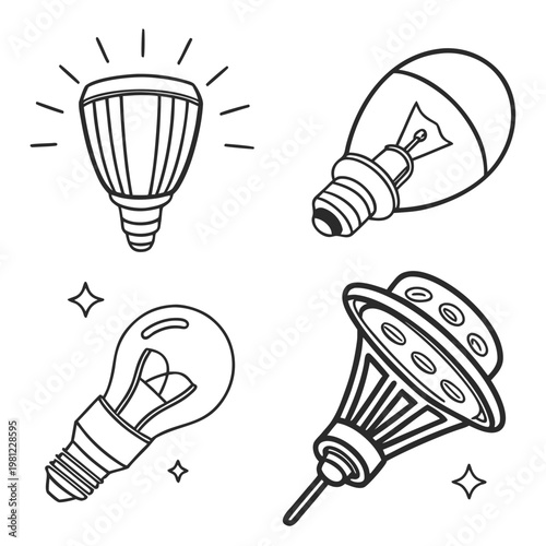 A collection of hand drawn light bulb illustrations showcases different bulb types including led vintage and futuristic designs with sparkling elements