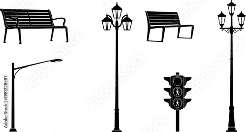 set of urban furniture and traffic lights on white background
