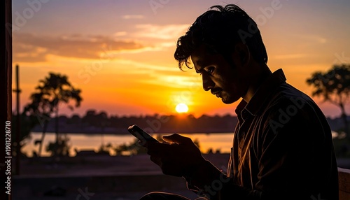 Silhouetted person uses phone during sunset, golden hour colors illuminate the sky above the landscape horizon