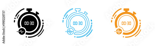 Three stopwatch icons blue gradient and orange on a black background