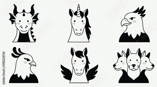 Collection of Mythical and Animal Heads Vector Illustrations.
