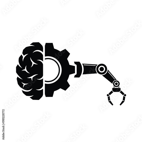 A striking black silhouette depicts the fusion of a human brain gears and a robotic arm high quality professional