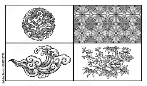 Vintage Asian Motifs: Dragon, Waves, Flowers, and Geometric Pattern