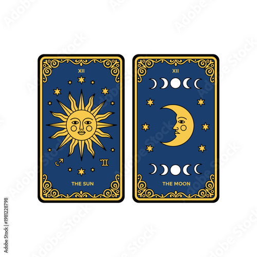 Two mystical tarot cards side by side, depicting the symbolic Sun and Moon with celestial details.