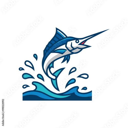 A dynamic cartoon illustration of a blue marlin jumping energetically from a vibrant blue ocean wave.