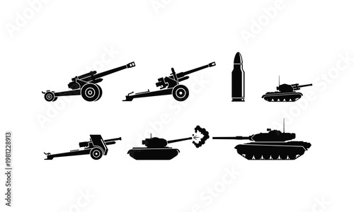 Artillery and tanks vector silhouette illustration line art collection