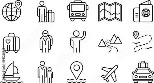 Travel and tourism icon set featuring transportation luggage map navigation vacation journey and holiday outline vector symbols