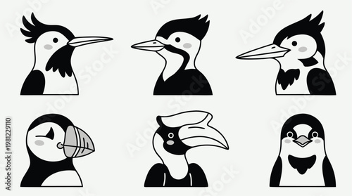 Collection of Six Stylized Bird Portraits.