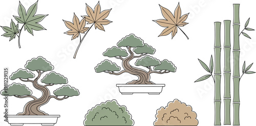 Collection of stylized bonsai trees in various shapes and containers Vector