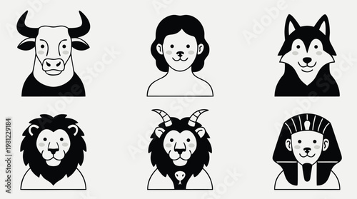 Collection of stylized animal and human heads.