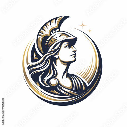 Elegant classical mythological woman in crested helmet with crescent moon and stars vector illustration design embodies wisdom and strength crescent mythology classical illustration