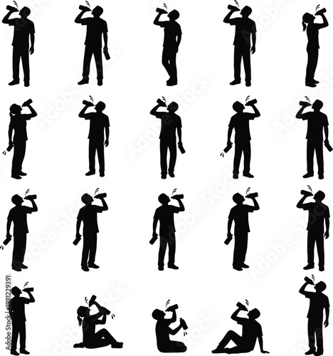 Silhouettes of People Drinking Water and Beverages, Thirsty Men and Women Hydrating