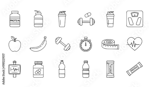 A set of fitness and nutrition icons in a minimalist line art style