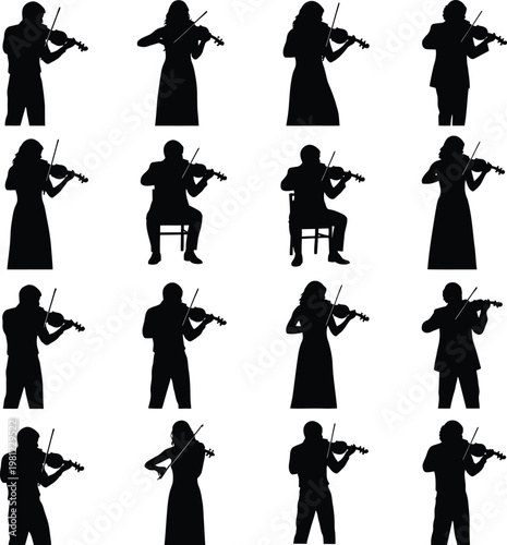 Artistic Silhouettes of Classical Violinists and Orchestral String Musicians