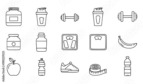 A set of fitness icons including gym and nutrition symbols