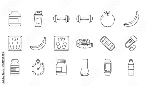 A set of fitness icons including gym and nutrition symbols in a minimal line art style