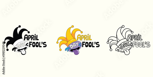 April Fools Day Text and Jester Hat Icons Collection - Black White, Color, and Outline Styles