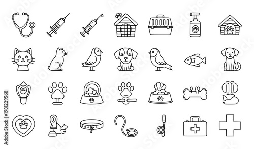 A collection of veterinary icons and pet care symbols in a minimalist line art style
