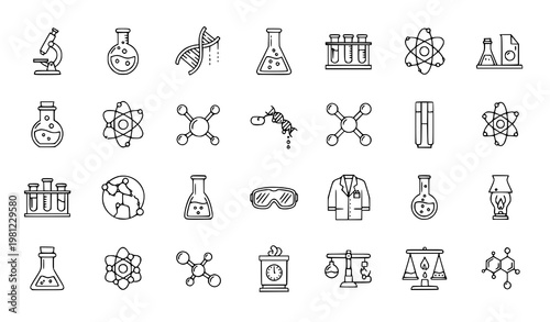 A set of science icons including beakers, test tubes, and lab equipment