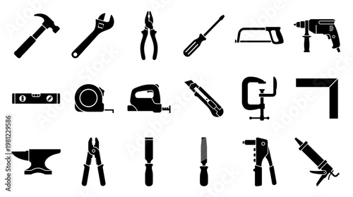 Collection of black silhouette icons representing various hand tools and workshop equipment for construction and repair work