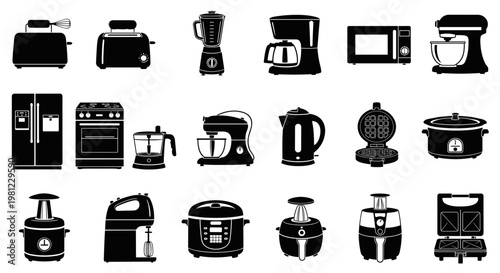 Collection of modern kitchen appliances icons in black silhouette style, representing cooking and food preparation tools for a contemporary home