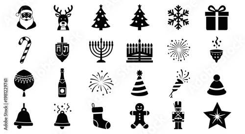 Collection of festive holiday icons representing Christmas and Hanukkah celebrations including Santa Claus reindeer gifts trees candy cane menorah dreidel and more