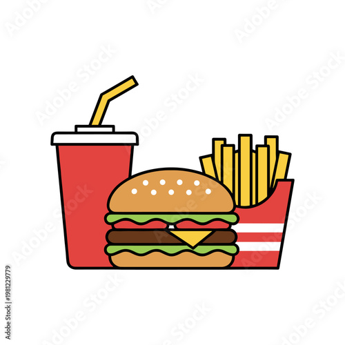 A classic fast food combo with a juicy hamburger, crispy fries, and a refreshing soda.