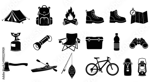 Collection of camping and outdoor adventure gear icons including tent backpack campfire boots compass stove flashlight chair cooler bottle binoculars axe kayak fishing rod bicycle backpack lantern