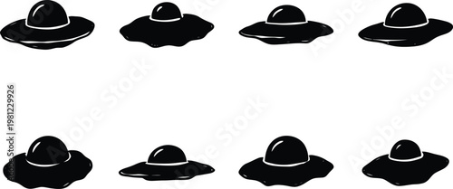 Eight black silhouette ufo flying saucer with varying shapes and dome arranged in two rows of four on a white background for science fiction and alien themes