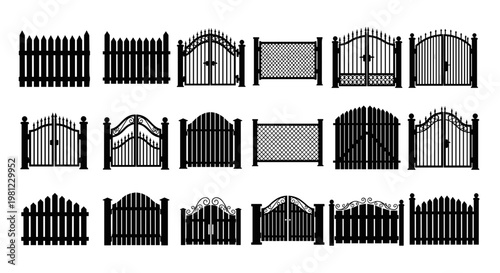 Collection of black silhouette wrought iron and picket fences and gates for property security and decorative entrance designs