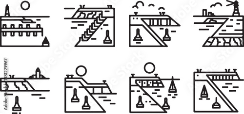 Illustrations of various architectural structures and mechanical diagrams Vector