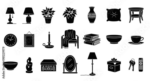 Collection of home decor objects and furniture silhouettes for interior design and lifestyle concepts