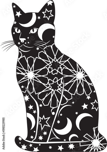 A black silhouette cat with white stars and moons on it