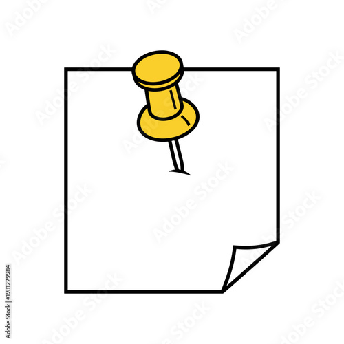A yellow push pin holding a blank white piece of paper with a slightly curled corner.