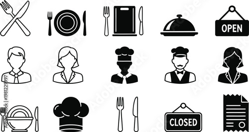 Restaurant and hospitality icons set in black and white