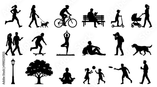 Diverse people silhouettes enjoying outdoor activities like running cycling yoga and playing with pets and children in a park setting