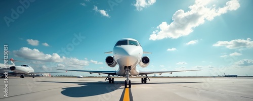 Modern private jet airplane on airport tarmac under blue sky. Another aircraft parked nearby. Fast air travel transportation for business or leisure trips.