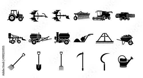 Collection of agricultural machinery and tools icons representing farming equipment for cultivation and harvesting in a modern farm setting