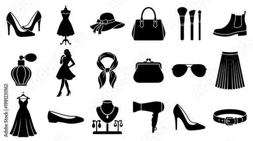 Collection of black fashion accessories and clothing items for women, including shoes, handbags, dresses, and makeup, presented as icons on a white background, symbolizing style and elegance.