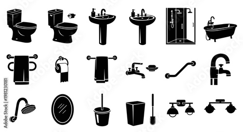 Collection of black and white icons representing bathroom fixtures and accessories for home design and renovation projects