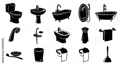 Collection of black and white bathroom icons representing essential fixtures and accessories for a modern home or hotel interior design