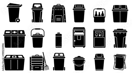 Collection of diverse trash bins and recycling containers illustrating waste management and environmental responsibility in urban settings