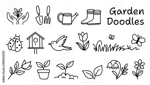 Hand drawn garden doodles set with tools, watering can, boots, plants, birdhouse, insects, sprouts and flowers, playful sketch collection for gardening, farming and spring projects. Vector illustratio